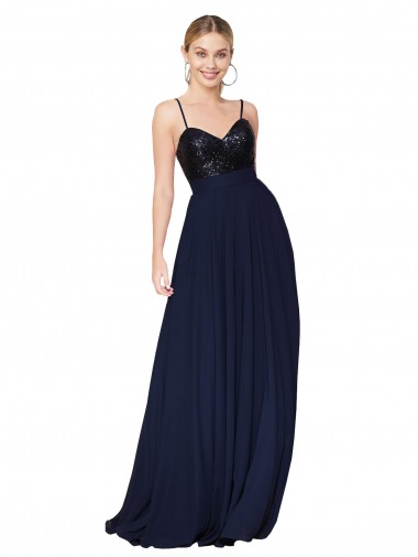 Spaghetti Straps Soft Chiffon & Sequin Sleeveless Dark Navy Prom Dress Canada Website
