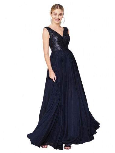 V-Neck Soft Chiffon & Sequin Sleeveless V-Back Dark Navy Prom Dress Canada Website