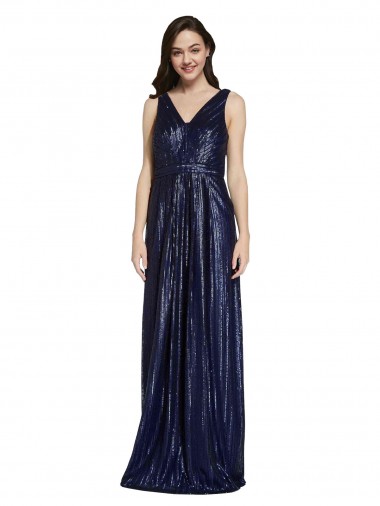 V-Neck Sequin Sleeveless V-Back Dark Navy Prom Dress Canada Website