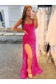 Spaghetti Straps Velvet Sequin Sleeveless Fuchsia Sheath Prom Dress Canada Website