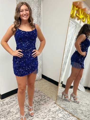 Spaghetti Straps Velvet Sequin Sleeveless Short Royal Blue Sheath Prom Dress Canada Website